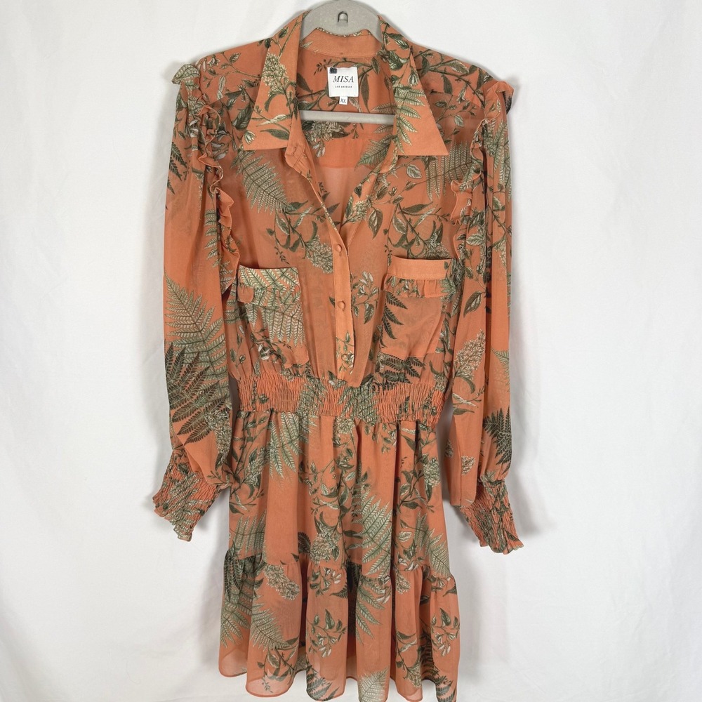 MISA Los Angeles Niamat Ruffle Shirt Dress in Summer Fern EUC
